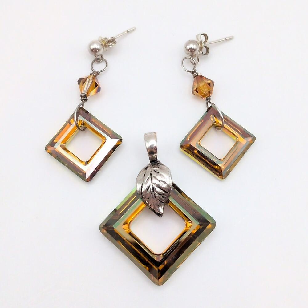 Sterling Silver 925 Cosmic Copper Tone Crystal Square Drop Earrings Pendant Set